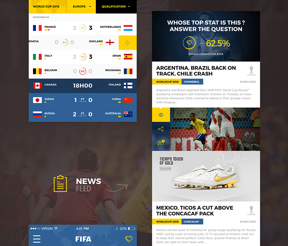 FIFA World Cup 2018 App Redesign  Fifa app, Sport poster design,  Inspiration app