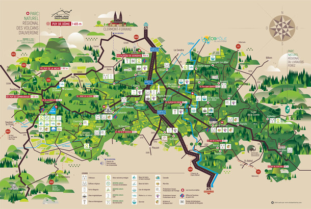 Illustrated map of Monts D'Arverne - tourism